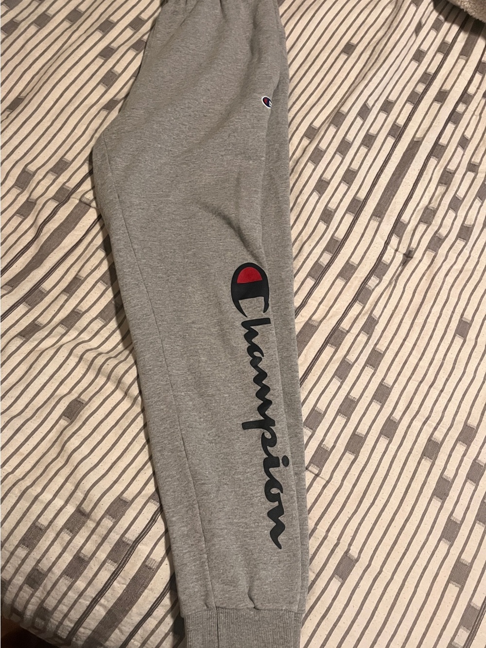 Champion Gray Joggers with Black Script and Red Accent